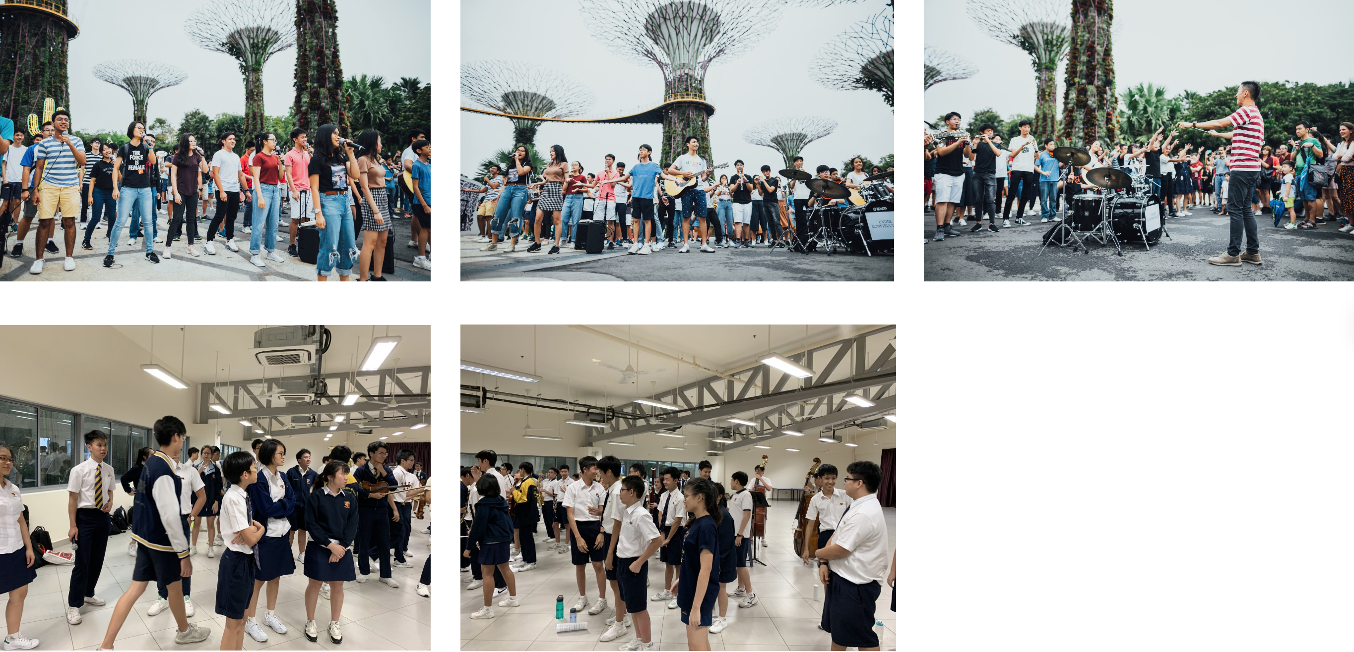 Collage of crowds outdoors near tall tree-like towers and students in uniform gathered in a large hall.